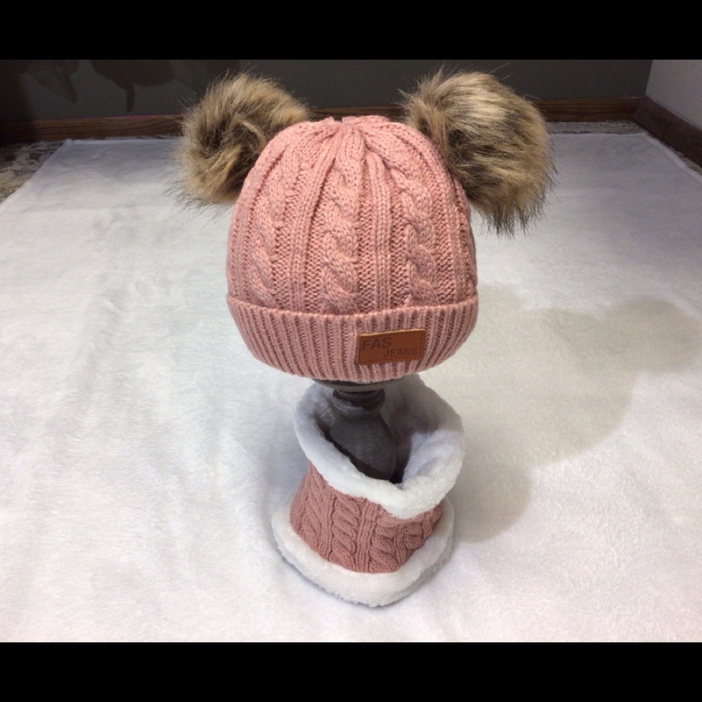 Knit Baby Hat  furry Pom Pom & Scarf